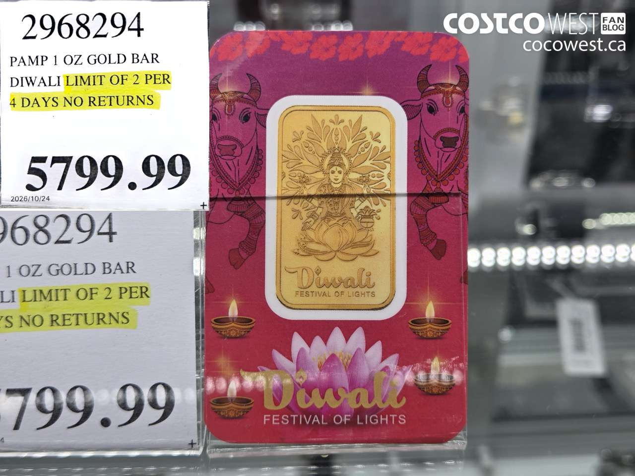 2968294 PAMP 1 OZ GOLD BAR DIWALI LIMIT OF 2 PER 4 DAYS NO RETURNS $5799.99