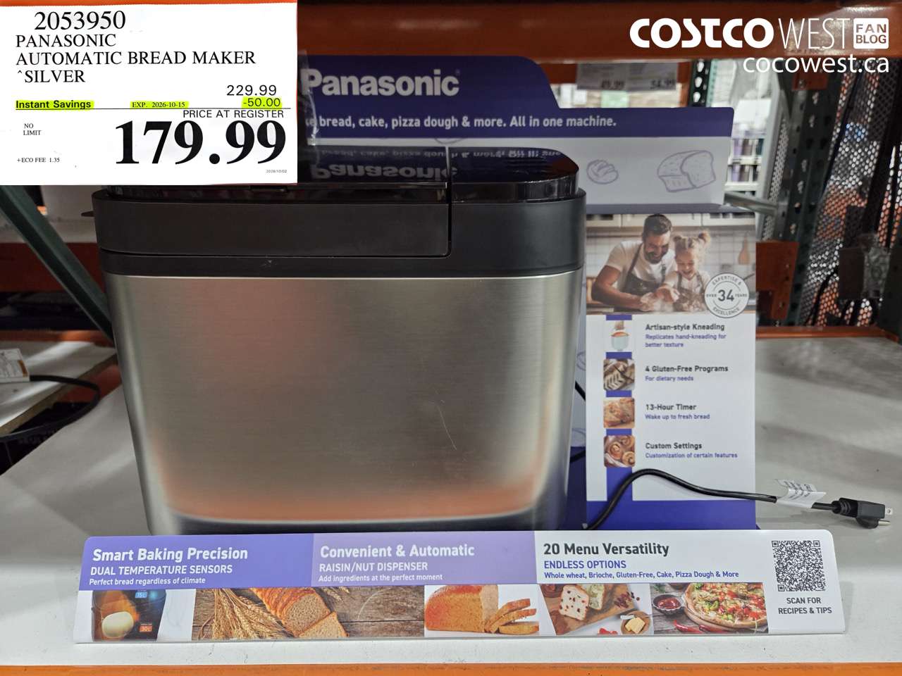 2053950 PANASONIC AUTOMATIC BREAD MAKER SILVER ($50.00 INSTANT SAVINGS EXPIRES ON 2026-10-15) $179.99