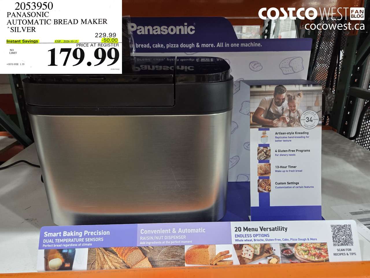 2053950 PANASONIC AUTOMATIC BREAD MAKER SILVER ($50.00 INSTANT SAVINGS EXPIRES ON 2026-10-15) $179.99