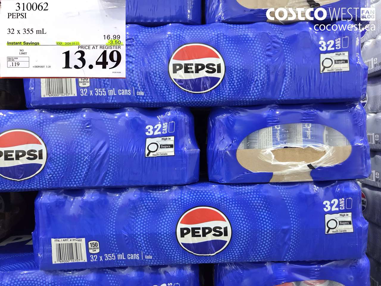 310062 PEPSI 32 X 355 ML ($3.50 INSTANT SAVINGS EXPIRES ON 2026-10-11) $13.49