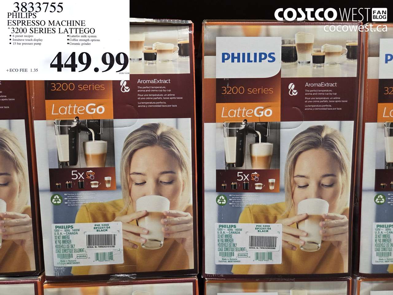 3833755 PHILIPS ESPRESSO MACHINE 3200 SERIES LATTEGO $449.99