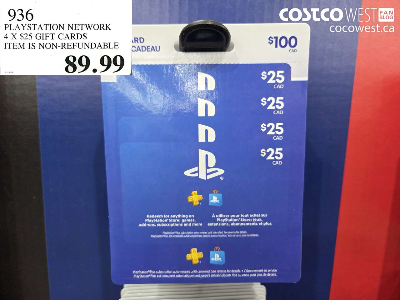 936 PLAYSTATION NETWORK 4 X $25 GIFT CARDS $89.99