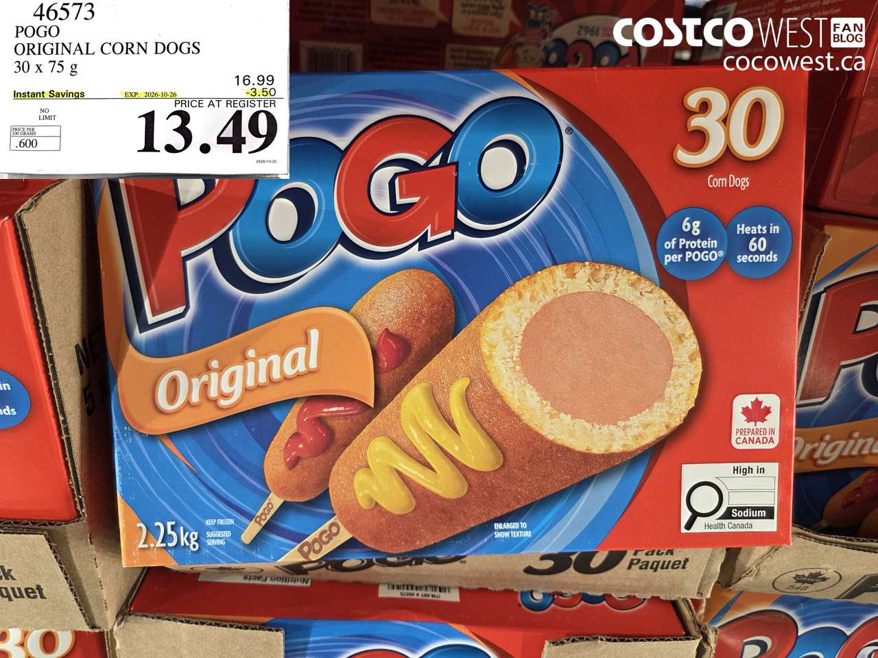 46573 POGO ORIGINAL CORN DOGS 30 X 75 G ($3.50 INSTANT SAVINGS EXPIRES ON 2026-10-26) $13.49