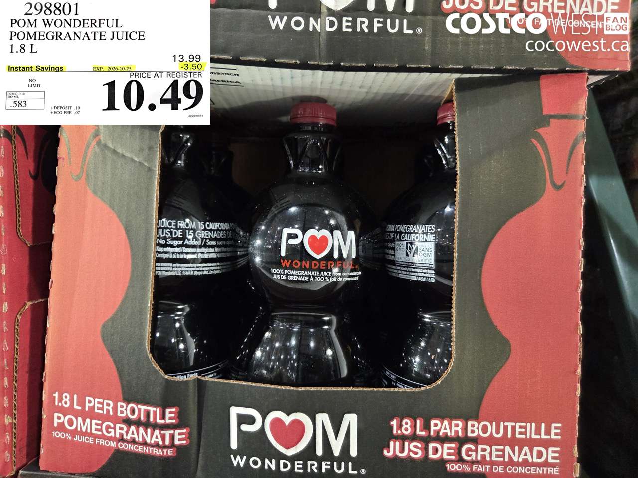 298801 POM WONDERFUL POMEGRANATE JUICE 1.8 L ($3.50 INSTANT SAVINGS EXPIRES ON 2026-10-25) $10.49