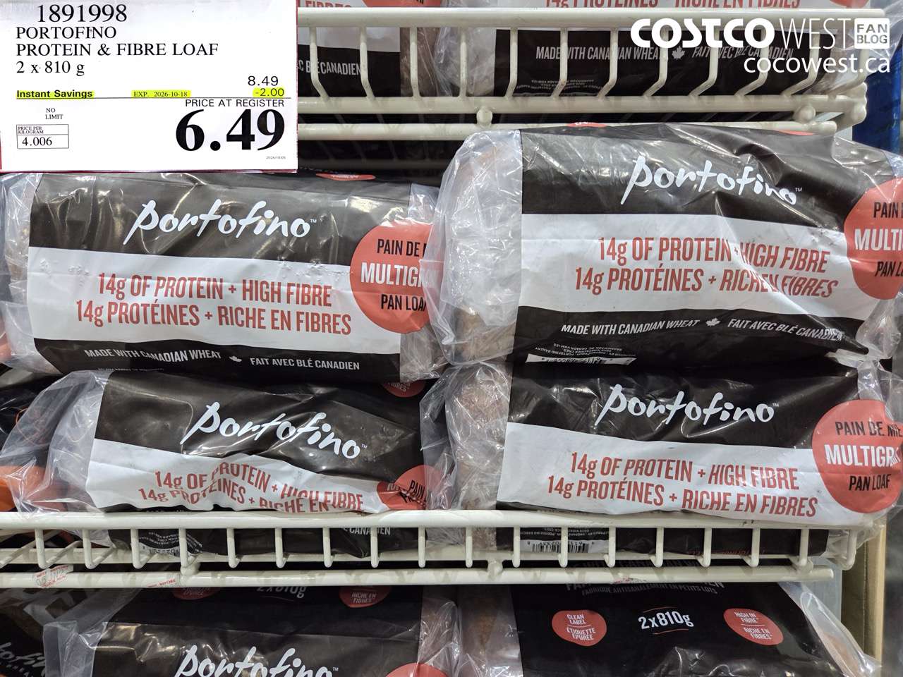 1891998 PORTOFINO PROTEIN & FIBRE LOAF 2 X 810 G ($2.00 INSTANT SAVINGS EXPIRES ON 2026-10-18) $6.49