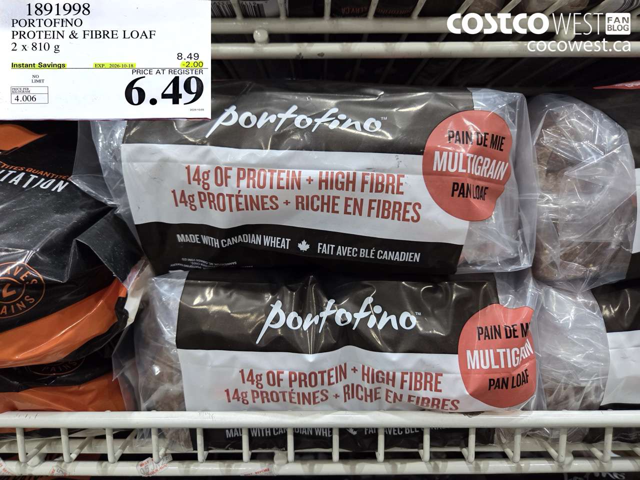 1891998 PORTOFINO PROTEIN & FIBRE LOAF 2 X 810 G ($2.00 INSTANT SAVINGS EXPIRES ON 2026-10-18) $6.49