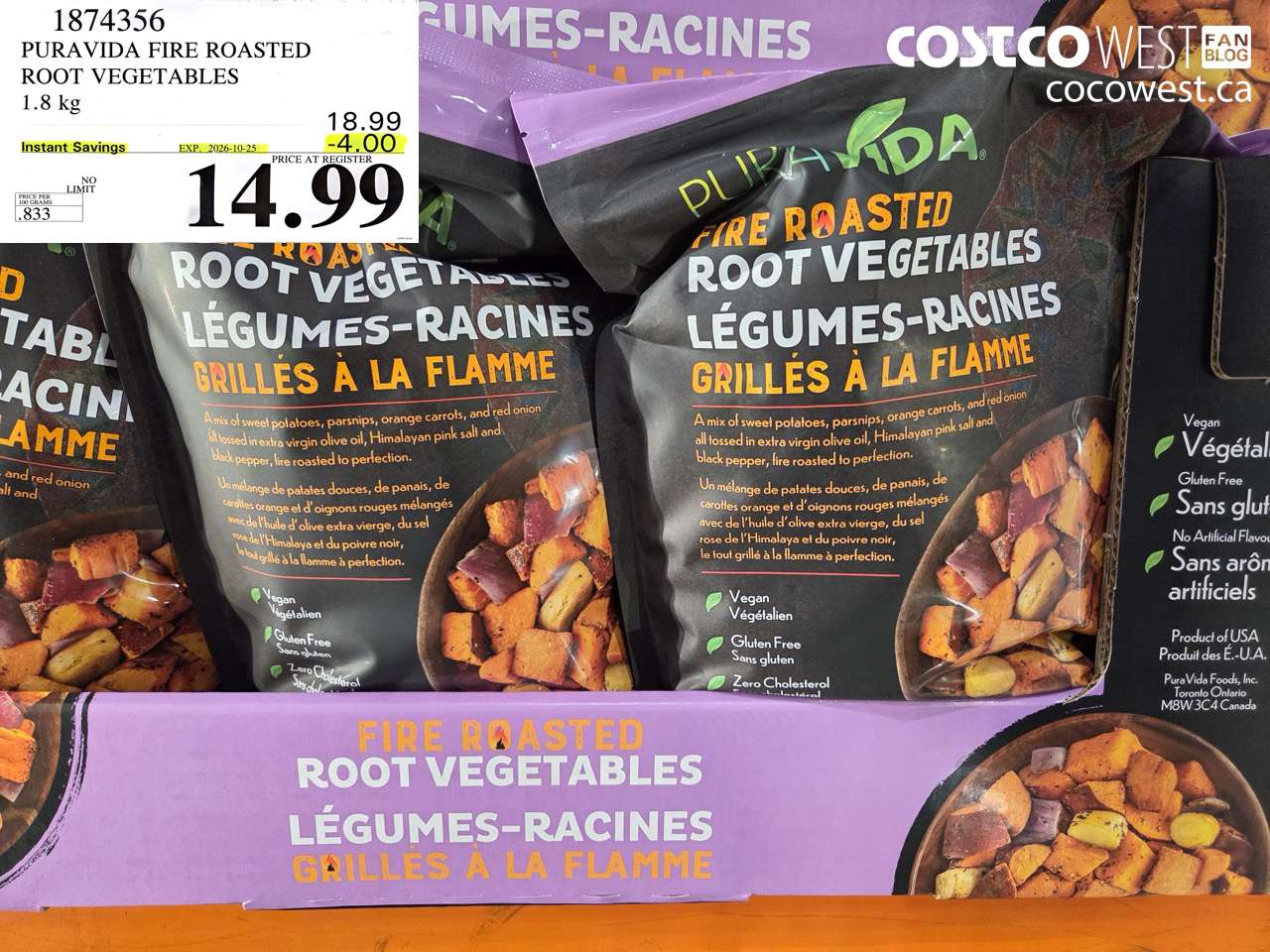 1874356 PURAVIDA FIRE ROASTED ROOT VEGETABLES 1.8 KG ($4.00 INSTANT SAVINGS EXPIRES ON 2026-10-25) $14.99