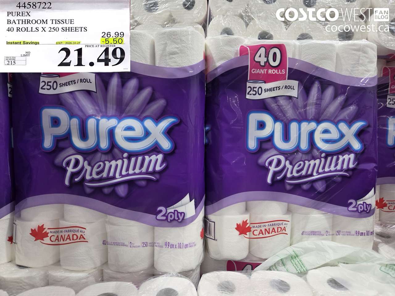 4458722 PUREX BATHROOM TISSUE 40 ROLLS X 250 SHEETS ($5.50 INSTANT SAVINGS EXPIRES ON 2026-10-25) $21.49