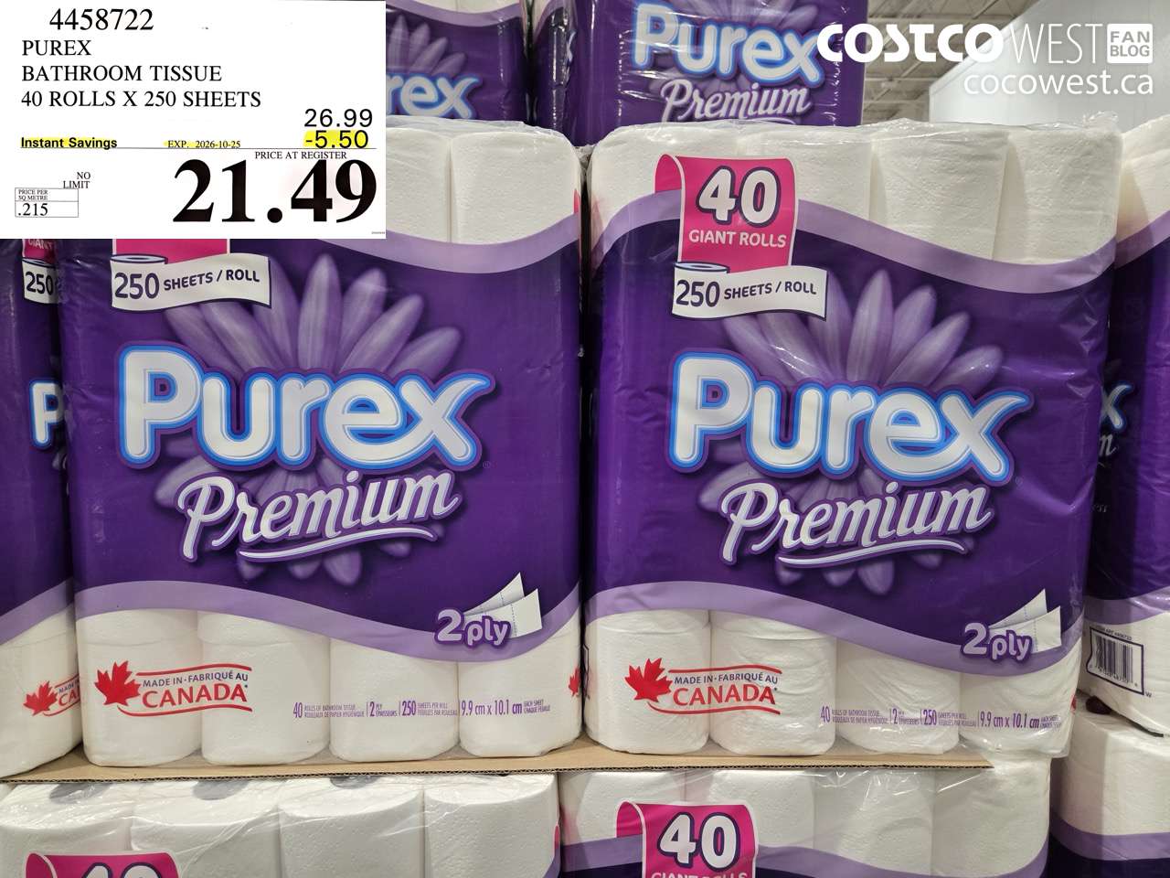 4458722 PUREX BATHROOM TISSUE 40 ROLLS X 250 SHEETS ($5.50 INSTANT SAVINGS EXPIRES ON 2026-10-25) $21.49