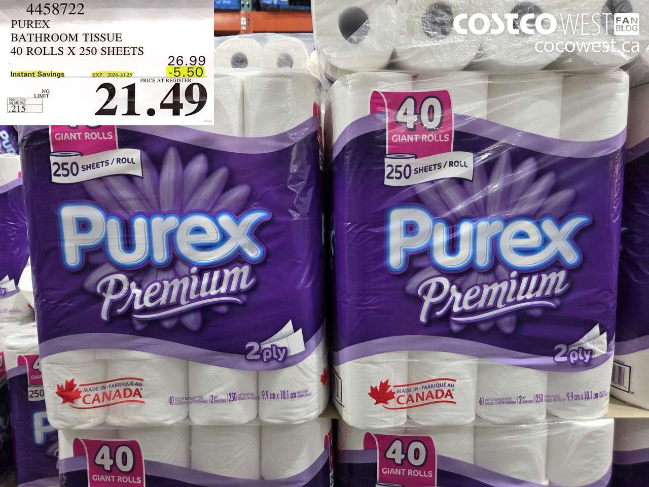 4458722 PUREX BATHROOM TISSUE 40 ROLLS X 250 SHEETS ($5.50 INSTANT SAVINGS EXPIRES ON 2026-10-25) $21.49