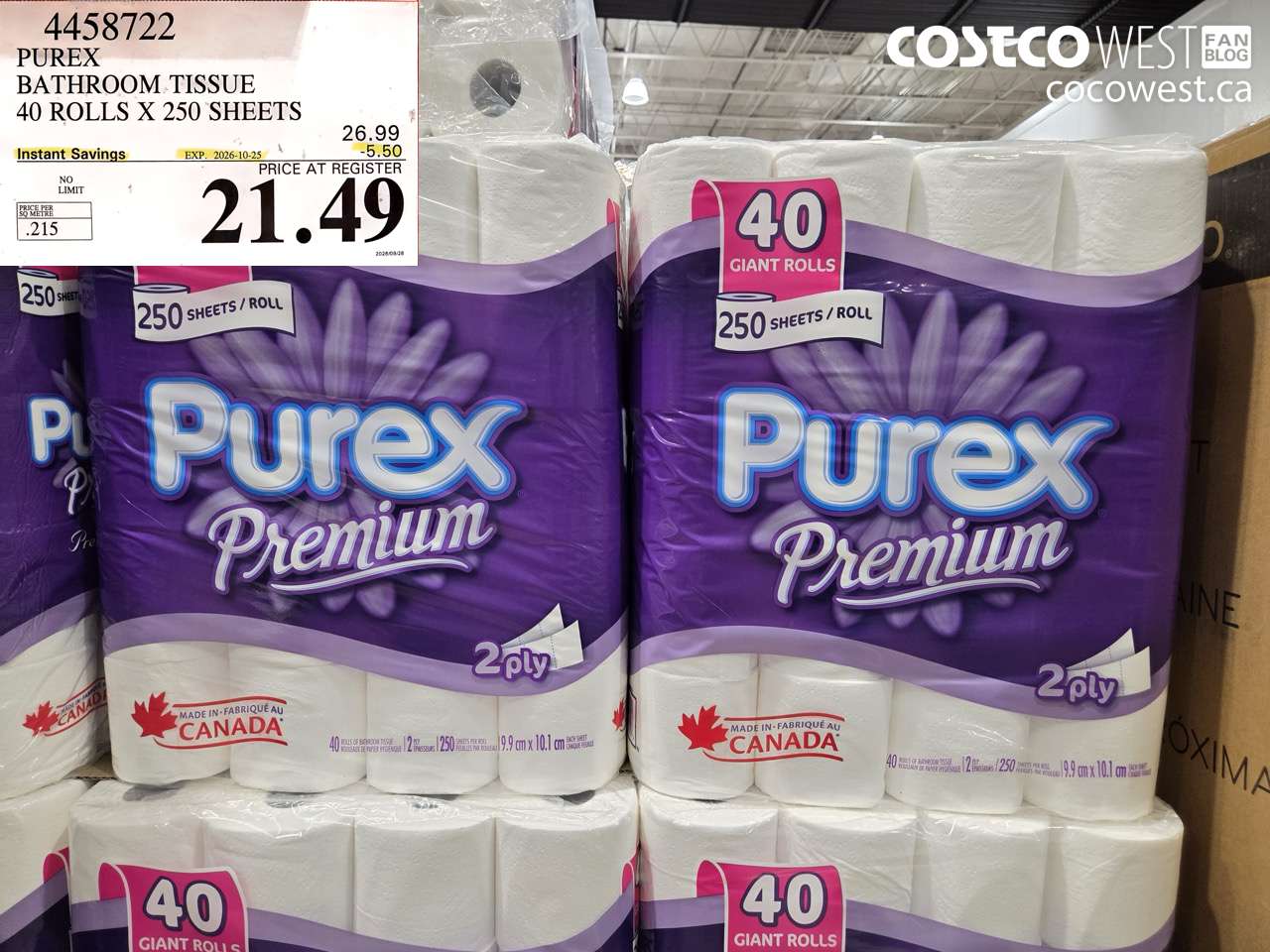 4458722 PUREX BATHROOM TISSUE 40 ROLLS X 250 SHEETS ($5.50 INSTANT SAVINGS EXPIRES ON 2026-10-25) $21.49