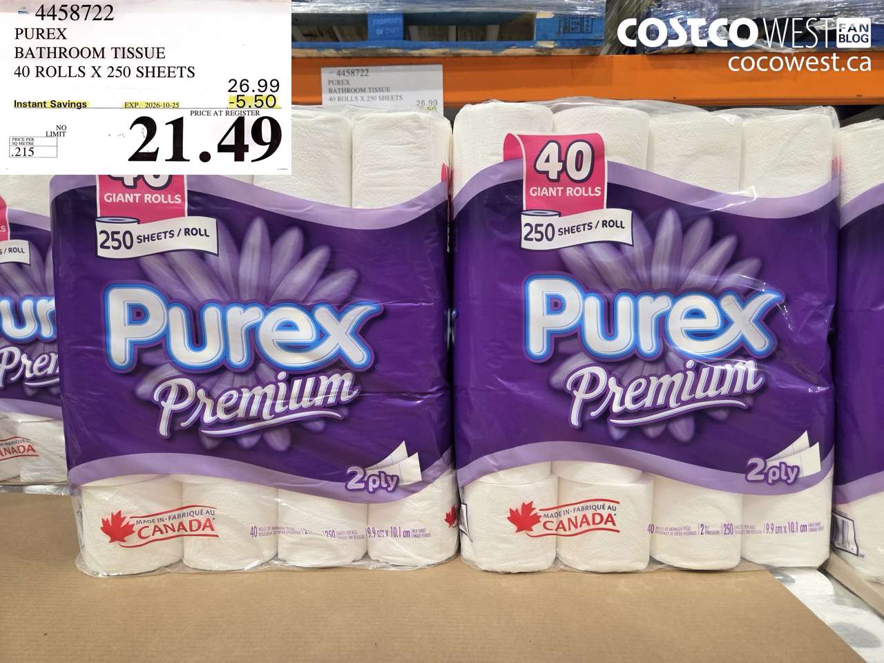 4458722 PUREX BATHROOM TISSUE 40 ROLLS X 250 SHEETS ($5.50 INSTANT SAVINGS EXPIRES ON 2026-10-25) $21.49