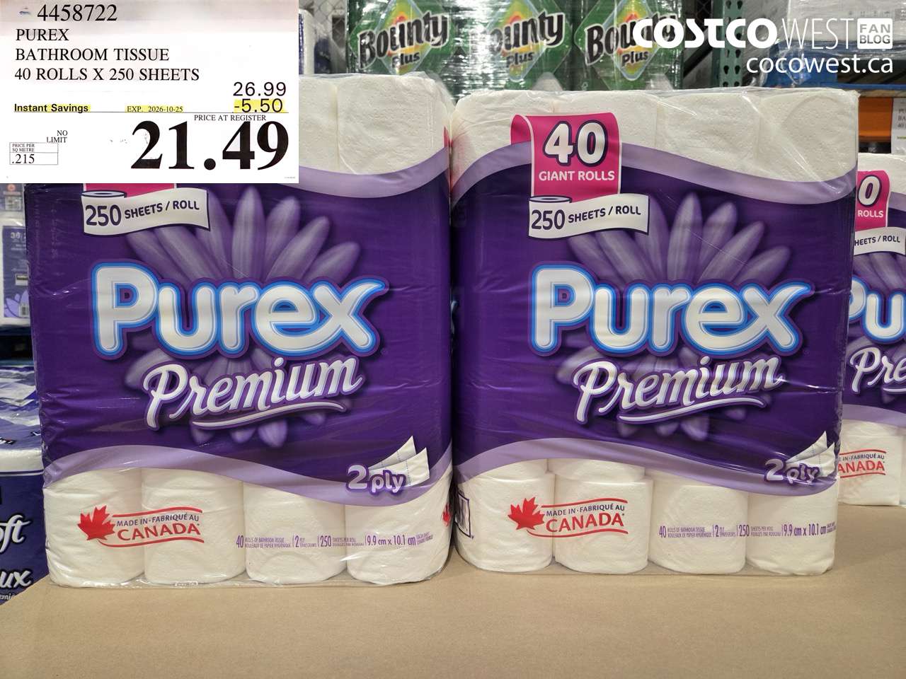 4458722 PUREX BATHROOM TISSUE 40 ROLLS X 250 SHEETS ($5.50 INSTANT SAVINGS EXPIRES ON 2026-10-25) $21.49