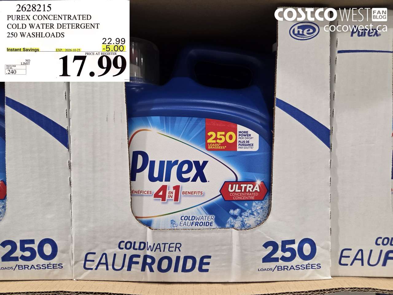 2628215 PUREX CONCENTRATED COLD WATER DETERGENT 250 WASHLOADS ($5.00 INSTANT SAVINGS EXPIRES ON 2026-10-25) $17.99