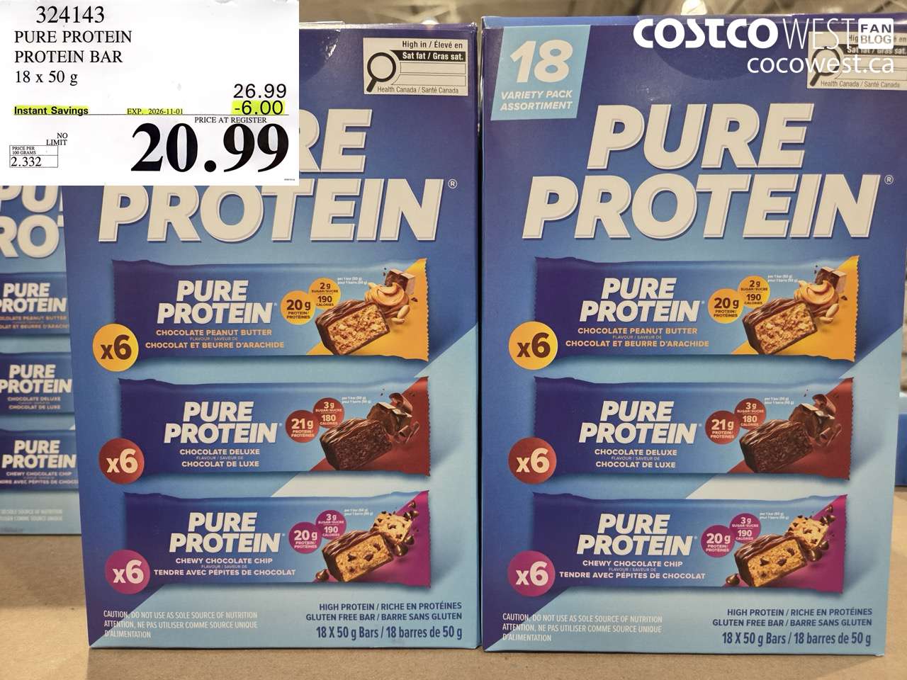 324143 PURE PROTEIN PROTEIN BAR 18 X 50 G ($6.00 INSTANT SAVINGS EXPIRES ON 2026-11-01) $20.99