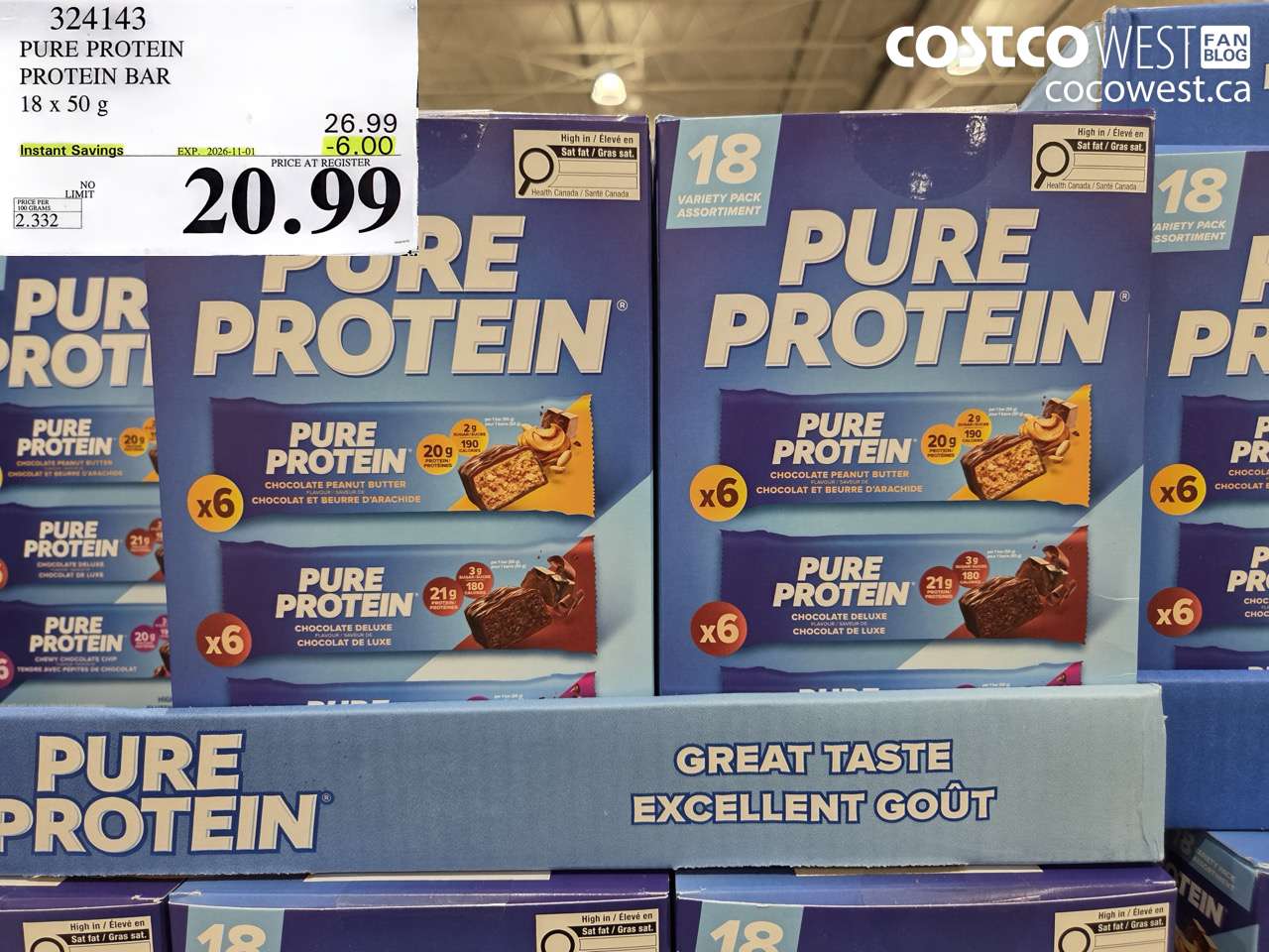 324143 PURE PROTEIN PROTEIN BAR 18 X 50 G ($6.00 INSTANT SAVINGS EXPIRES ON 2026-11-01) $20.99