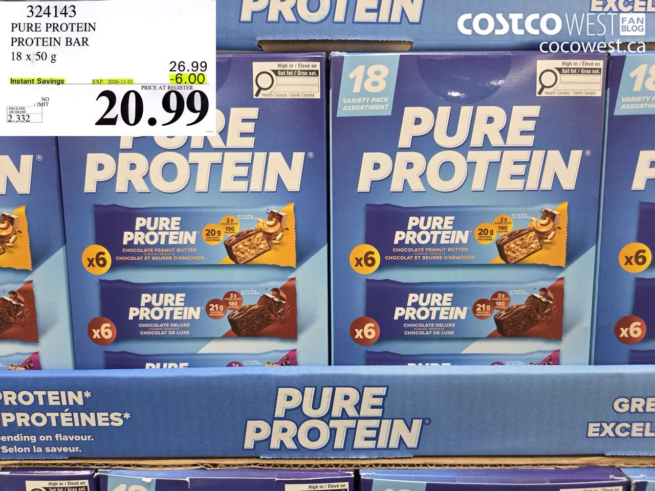324143 PURE PROTEIN PROTEIN BAR 18 X 50 G ($6.00 INSTANT SAVINGS EXPIRES ON 2026-11-01) $20.99