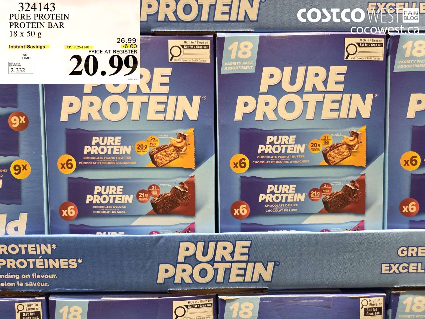 324143 PURE PROTEIN PROTEIN BAR 18 X 50 G ($6.00 INSTANT SAVINGS EXPIRES ON 2026-11-01) $20.99