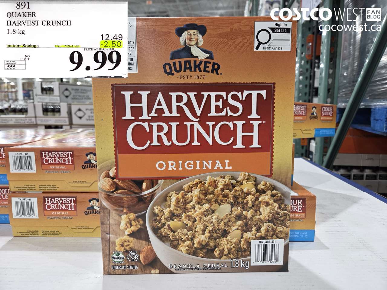 891 QUAKER HARVEST CRUNCH 1.8 KG ($2.50 INSTANT SAVINGS EXPIRES ON 2026-11-08) $9.99