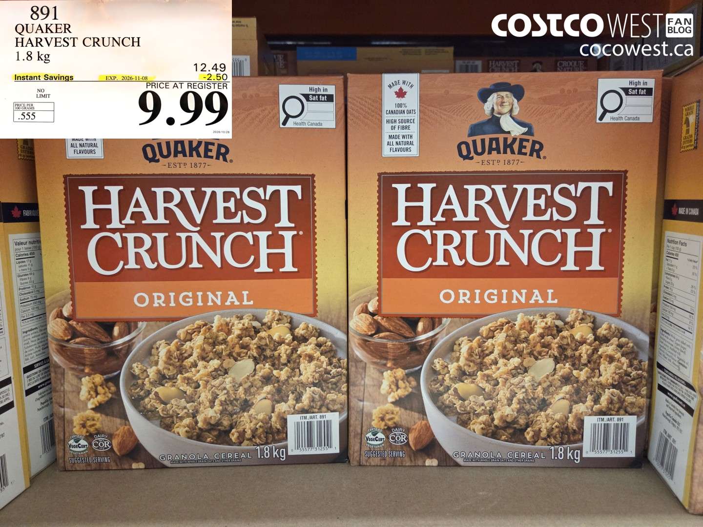 891 QUAKER HARVEST CRUNCH 1.8 KG ($2.50 INSTANT SAVINGS EXPIRES ON 2026-11-08) $9.99