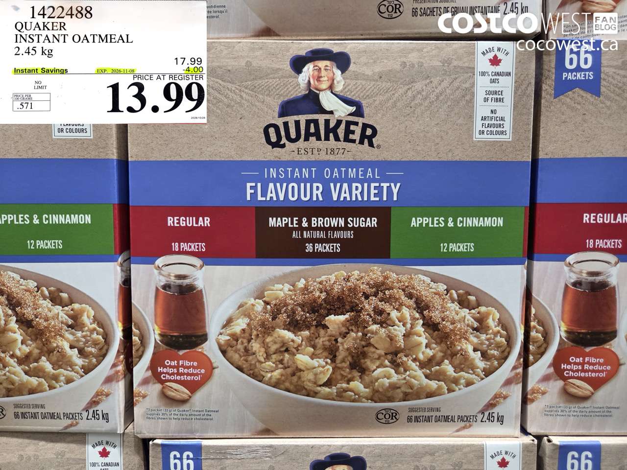 1422488 QUAKER INSTANT OATMEAL 2.45 KG ($4.00 INSTANT SAVINGS EXPIRES ON 2026-11-08) $13.99