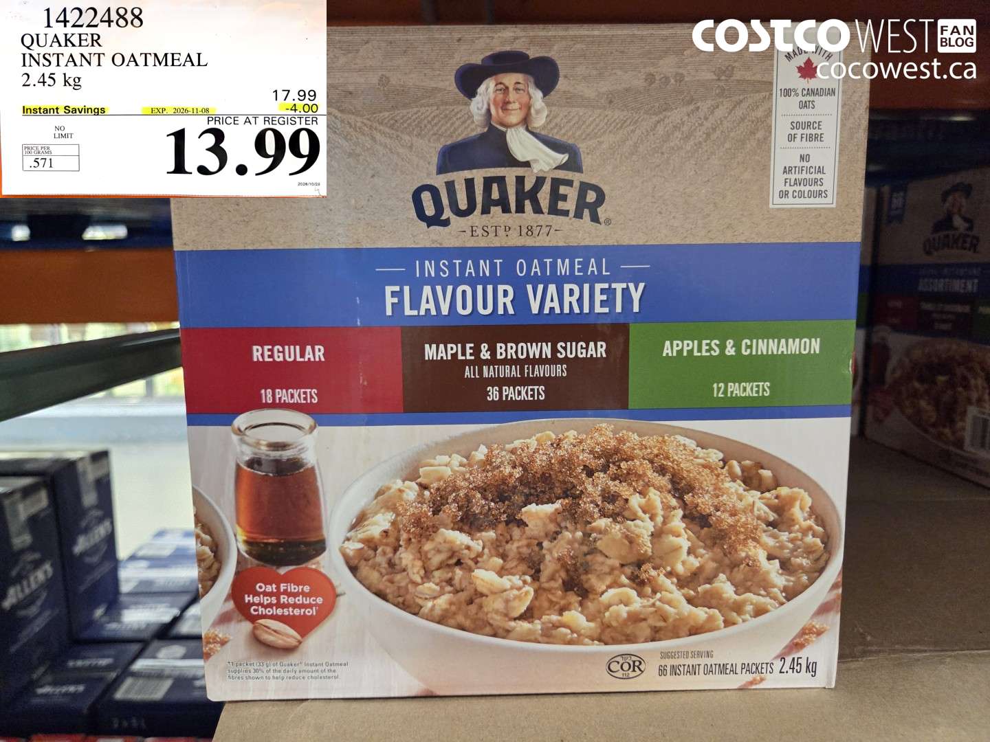 1422488 QUAKER INSTANT OATMEAL 2.45 KG ($4.00 INSTANT SAVINGS EXPIRES ON 2026-11-08) $13.99