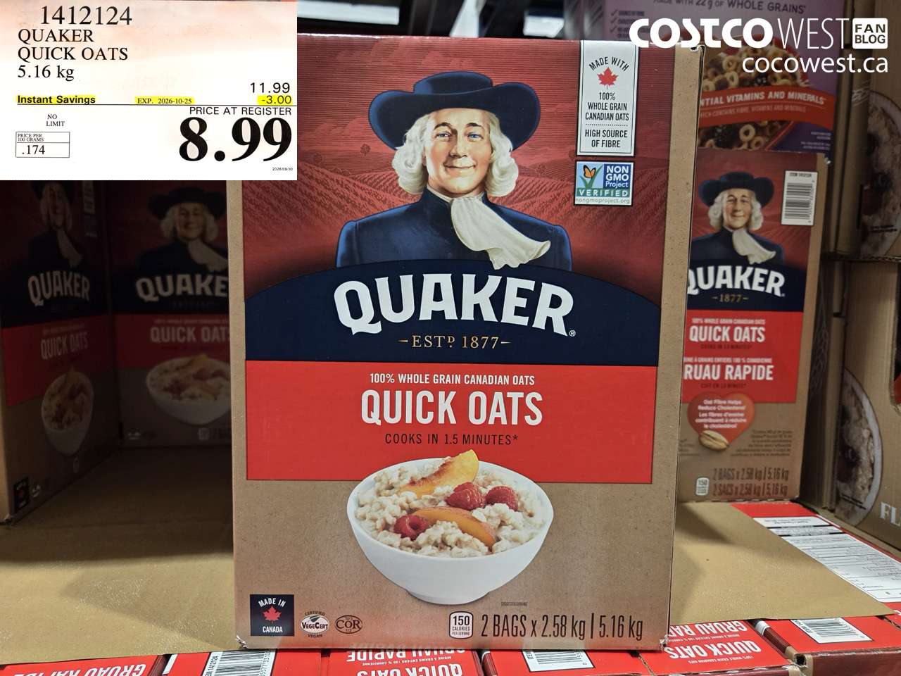 1412124 QUAKER QUICK OATS 5.16 KG ($3.00 INSTANT SAVINGS EXPIRES ON 2026-10-25) $8.99