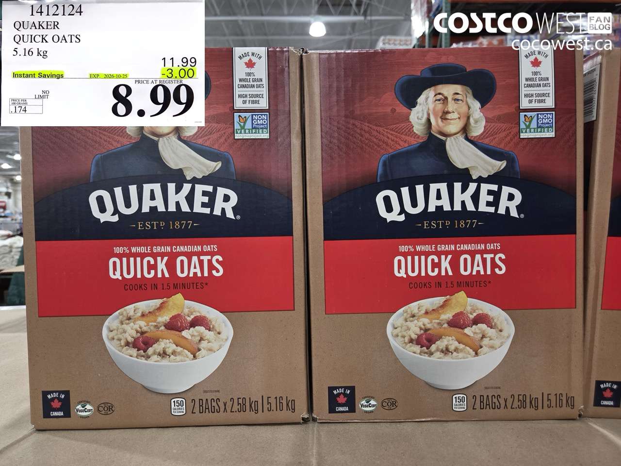 1412124 QUAKER QUICK OATS 5.16 KG ($3.00 INSTANT SAVINGS EXPIRES ON 2026-10-25) $8.99