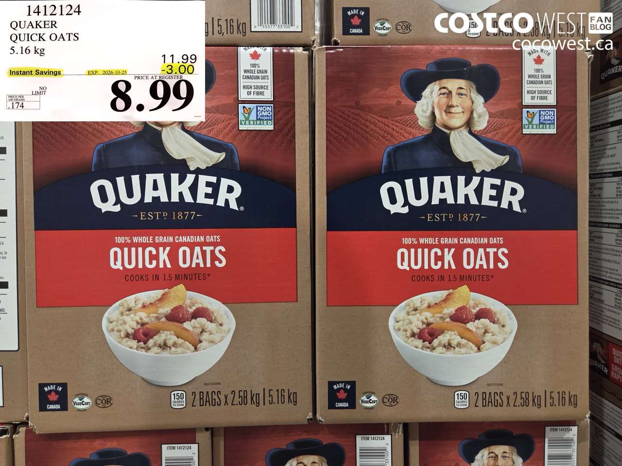 1412124 QUAKER QUICK OATS 5.16 KG ($3.00 INSTANT SAVINGS EXPIRES ON 2026-10-25) $8.99