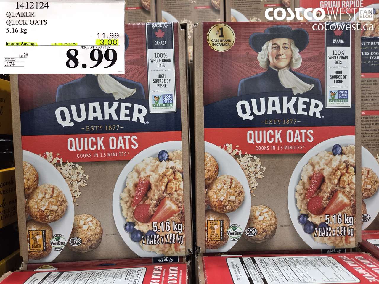 1412124 QUAKER QUICK OATS 5.16 KG ($3.00 INSTANT SAVINGS EXPIRES ON 2026-10-25) $8.99