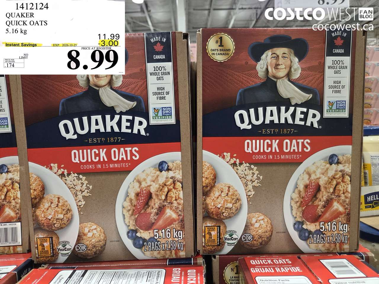 1412124 QUAKER QUICK OATS 5.16 KG ($3.00 INSTANT SAVINGS EXPIRES ON 2026-10-25) $8.99