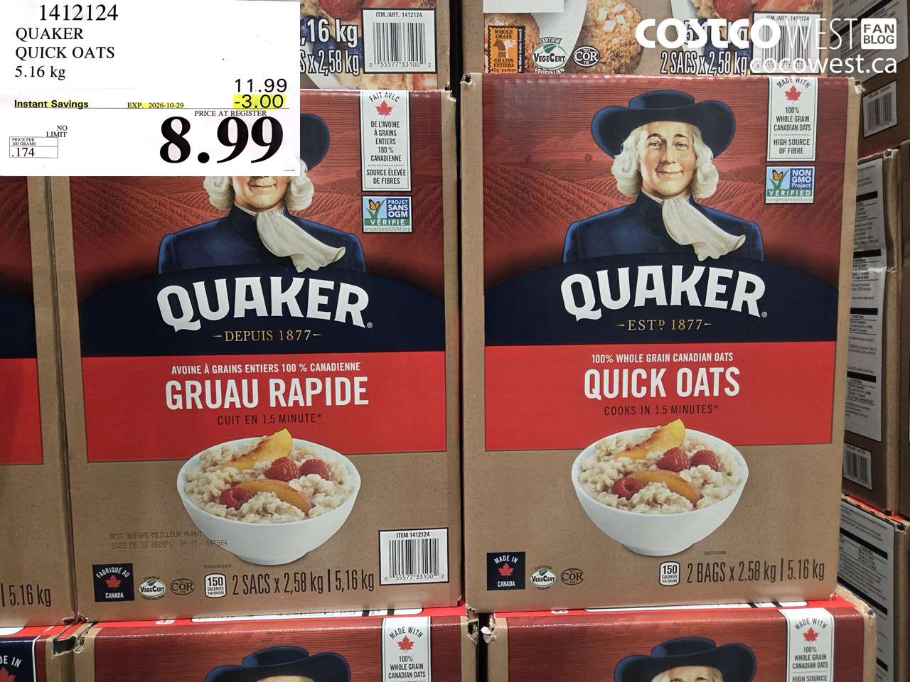 1412124 QUAKER QUICK OATS 5.16 KG ($3.00 INSTANT SAVINGS EXPIRES ON 2026-10-29) $8.99