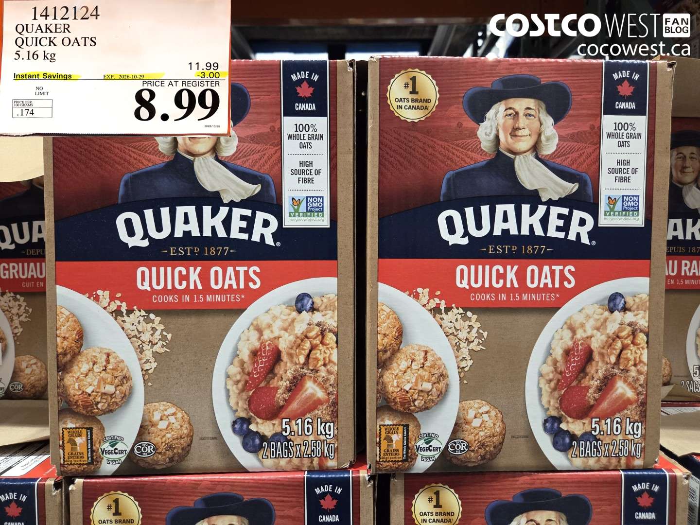 1412124 QUAKER QUICK OATS 5.16 KG ($3.00 INSTANT SAVINGS EXPIRES ON 2026-10-29) $8.99
