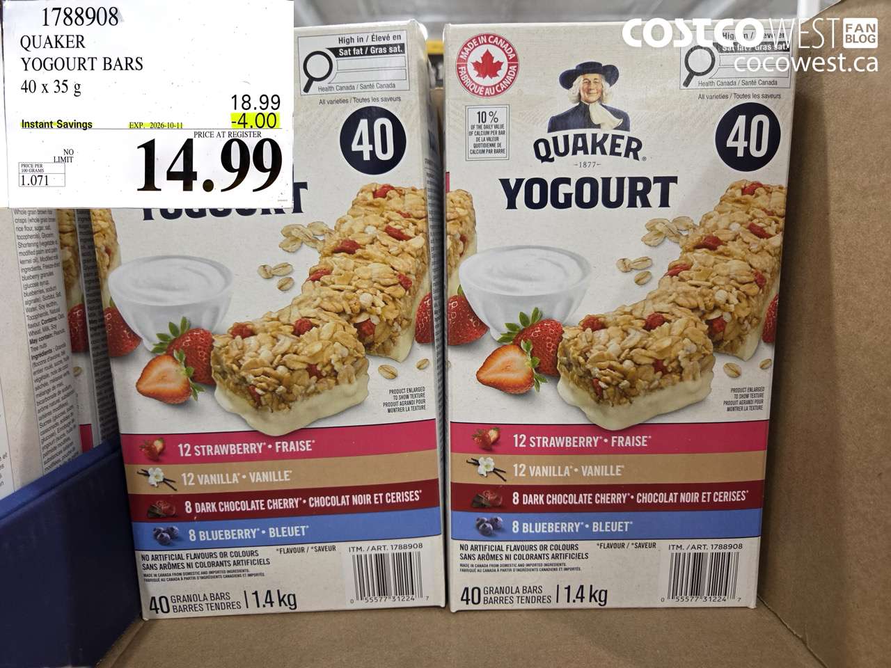 1788908 QUAKER YOGOURT BARS 40 X 35 G ($4.00 INSTANT SAVINGS EXPIRES ON 2026-10-11) $14.99