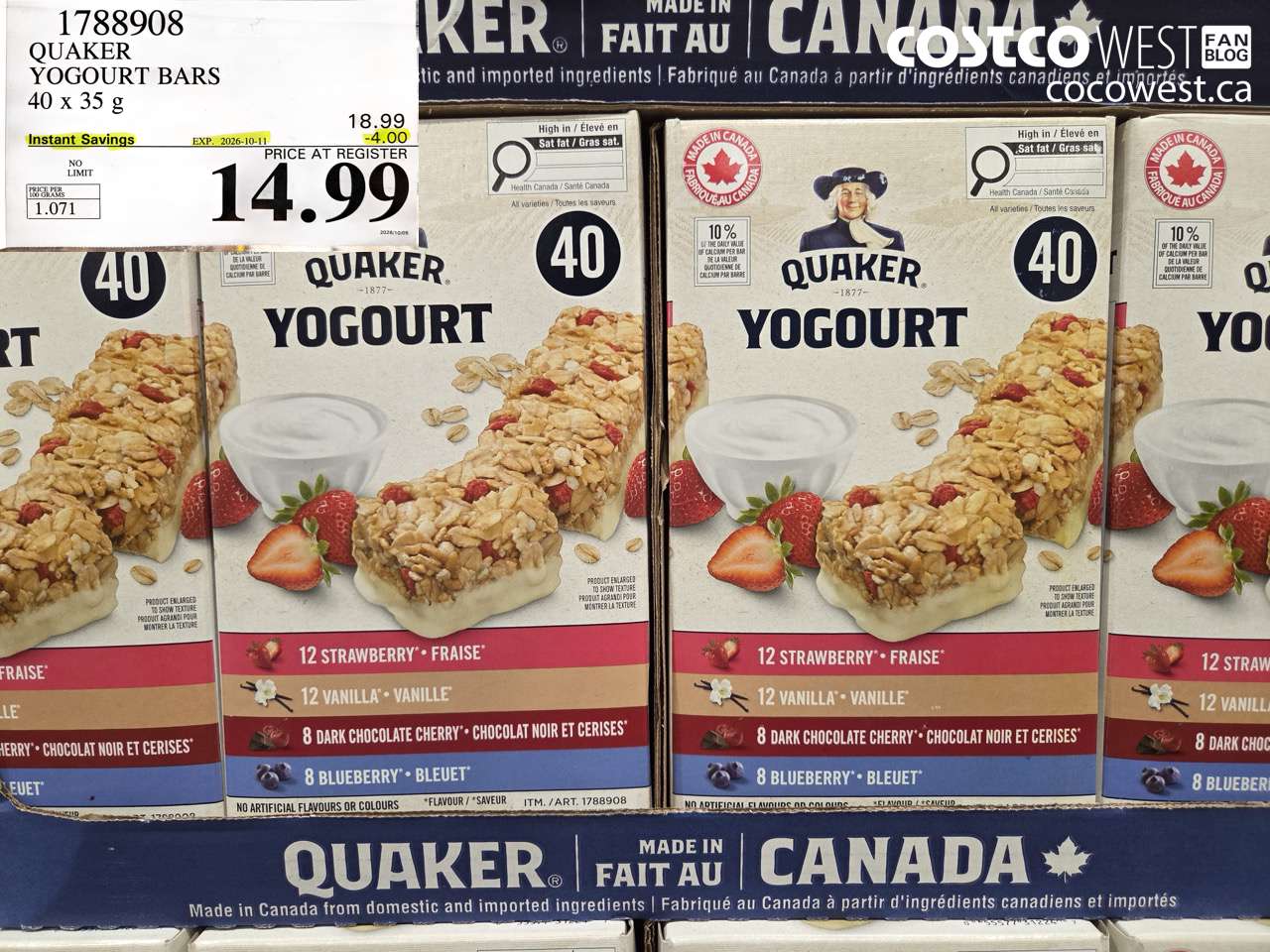 1788908 QUAKER YOGOURT BARS 40 X 35 G ($4.00 INSTANT SAVINGS EXPIRES ON 2026-10-11) $14.99