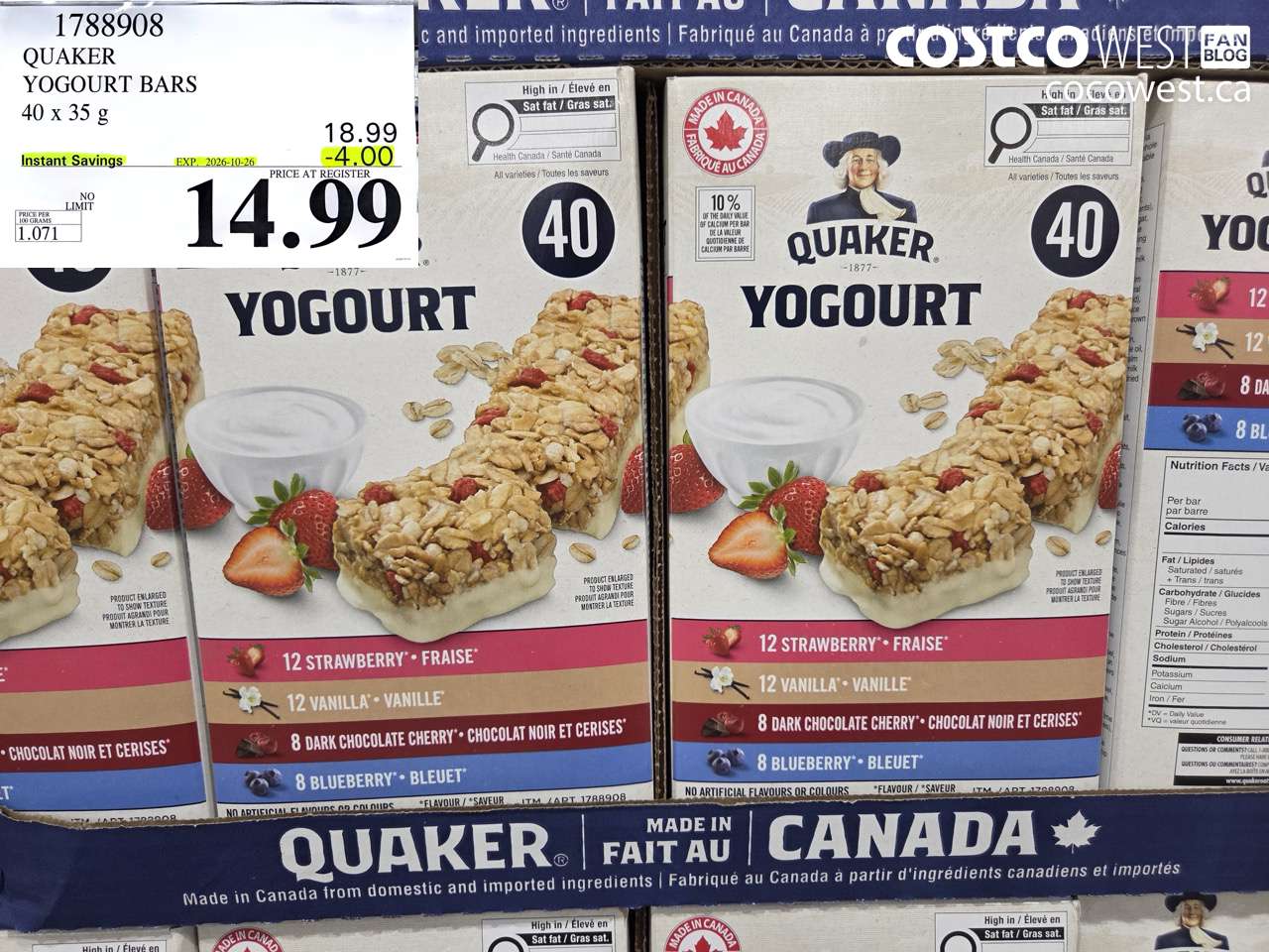 1788908 QUAKER YOGOURT BARS 40 X 35 G ($4.00 INSTANT SAVINGS EXPIRES ON 2026-10-26) $14.99