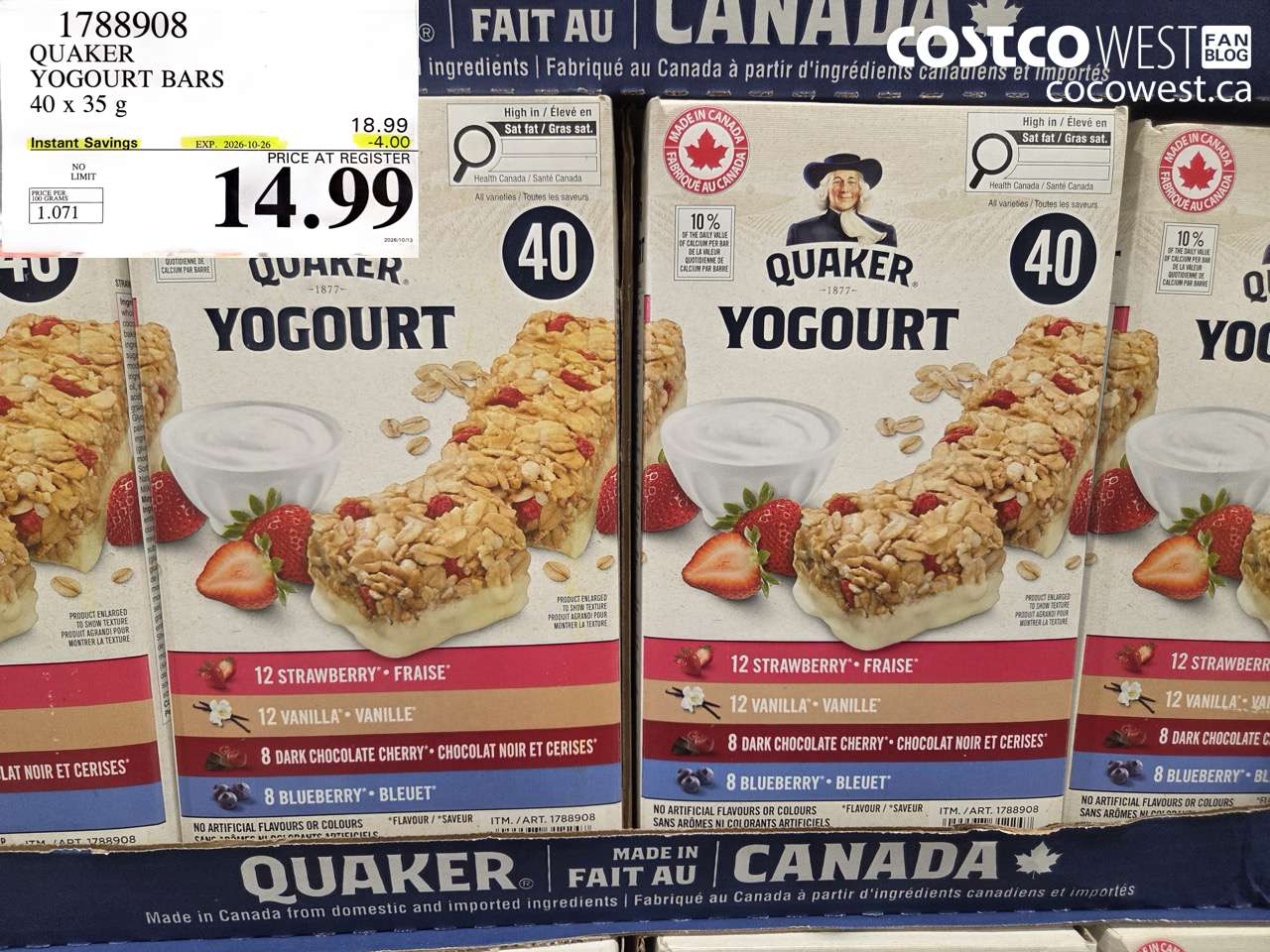 1788908 QUAKER YOGOURT BARS 40 X 35 G ($4.00 INSTANT SAVINGS EXPIRES ON 2026-10-26) $14.99
