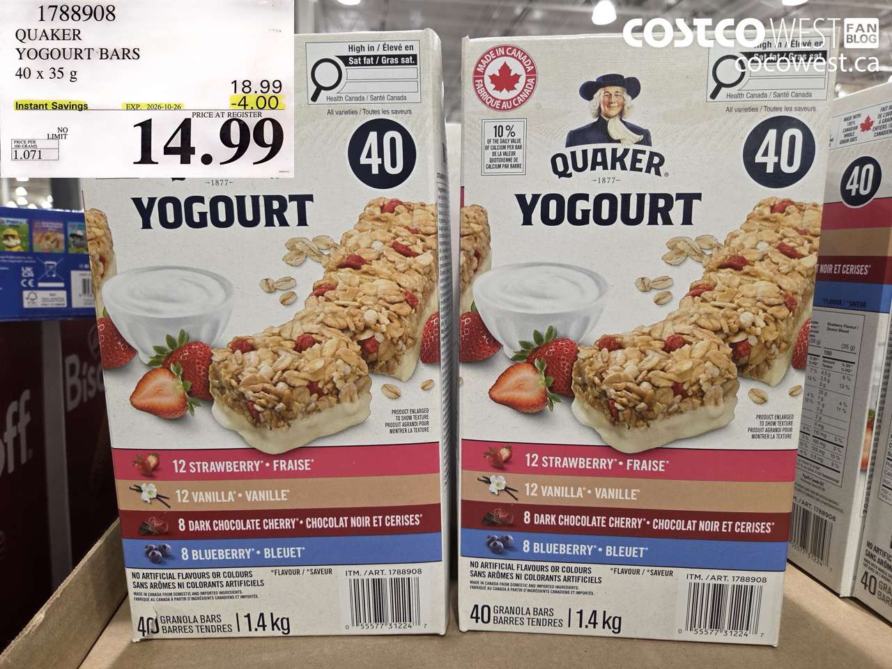 1788908 QUAKER YOGOURT BARS 40 X 35 G ($4.00 INSTANT SAVINGS EXPIRES ON 2026-10-26) $14.99