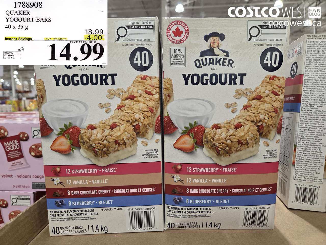 1788908 QUAKER YOGOURT BARS 40 X 35 G ($4.00 INSTANT SAVINGS EXPIRES ON 2026-10-26) $14.99