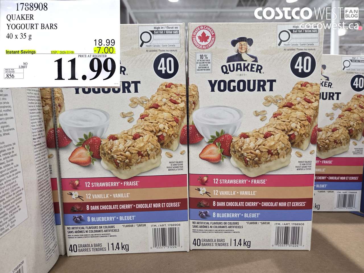 1788908 QUAKER YOGOURT BARS 40 X 35 G ($7.00 INSTANT SAVINGS EXPIRES ON 2026-11-08) $11.99