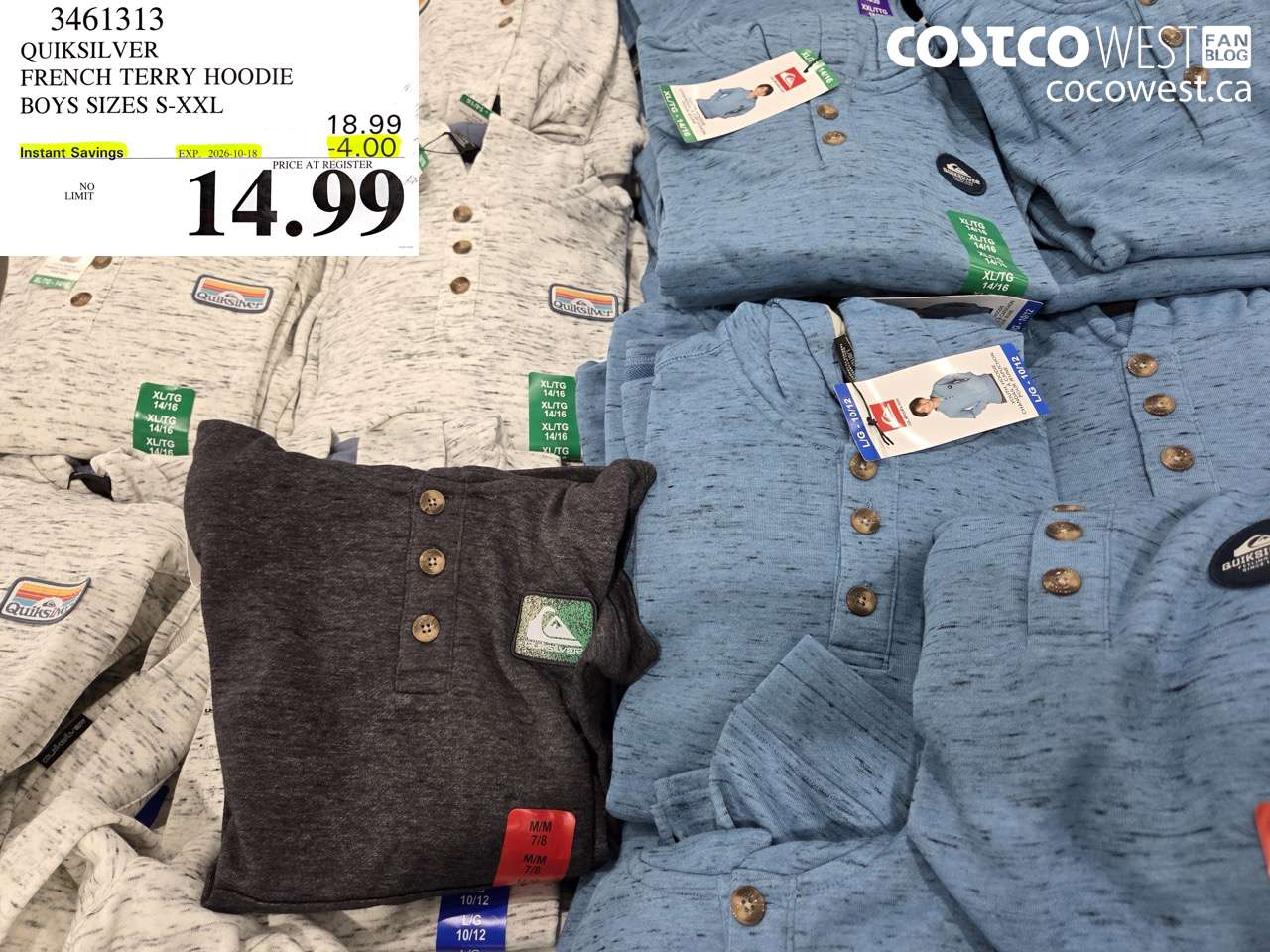 3461313 QUIKSILVER FRENCH TERRY HOODIE BOYS SIZES S-XXL ($4.00 INSTANT SAVINGS EXPIRES ON 2026-10-18) $14.99