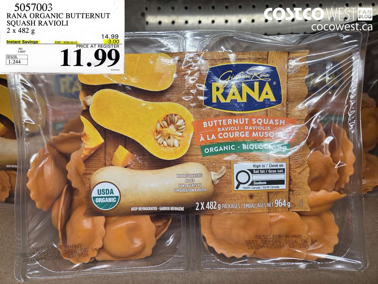 5057003 RANA ORGANIC BUTTERNUT SQUASH RAVIOLI 2 X 482 G ($3.00 INSTANT SAVINGS EXPIRES ON 2026-10-11) $11.99