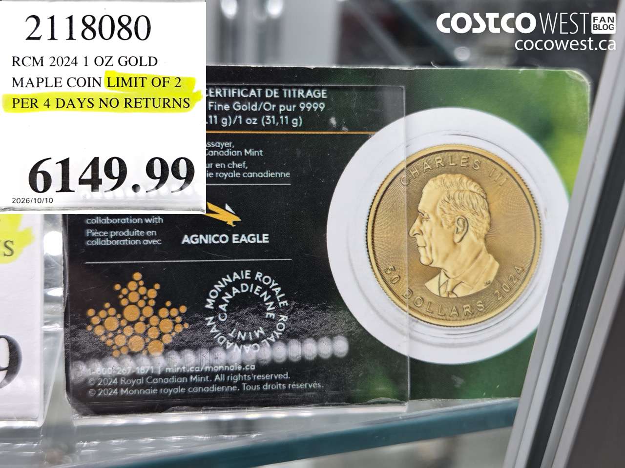 2118080 RCM 2024 1 OZ GOLD MAPLE COIN LIMIT OF 2 PER 4 DAYS NO RETURNS $6149.99