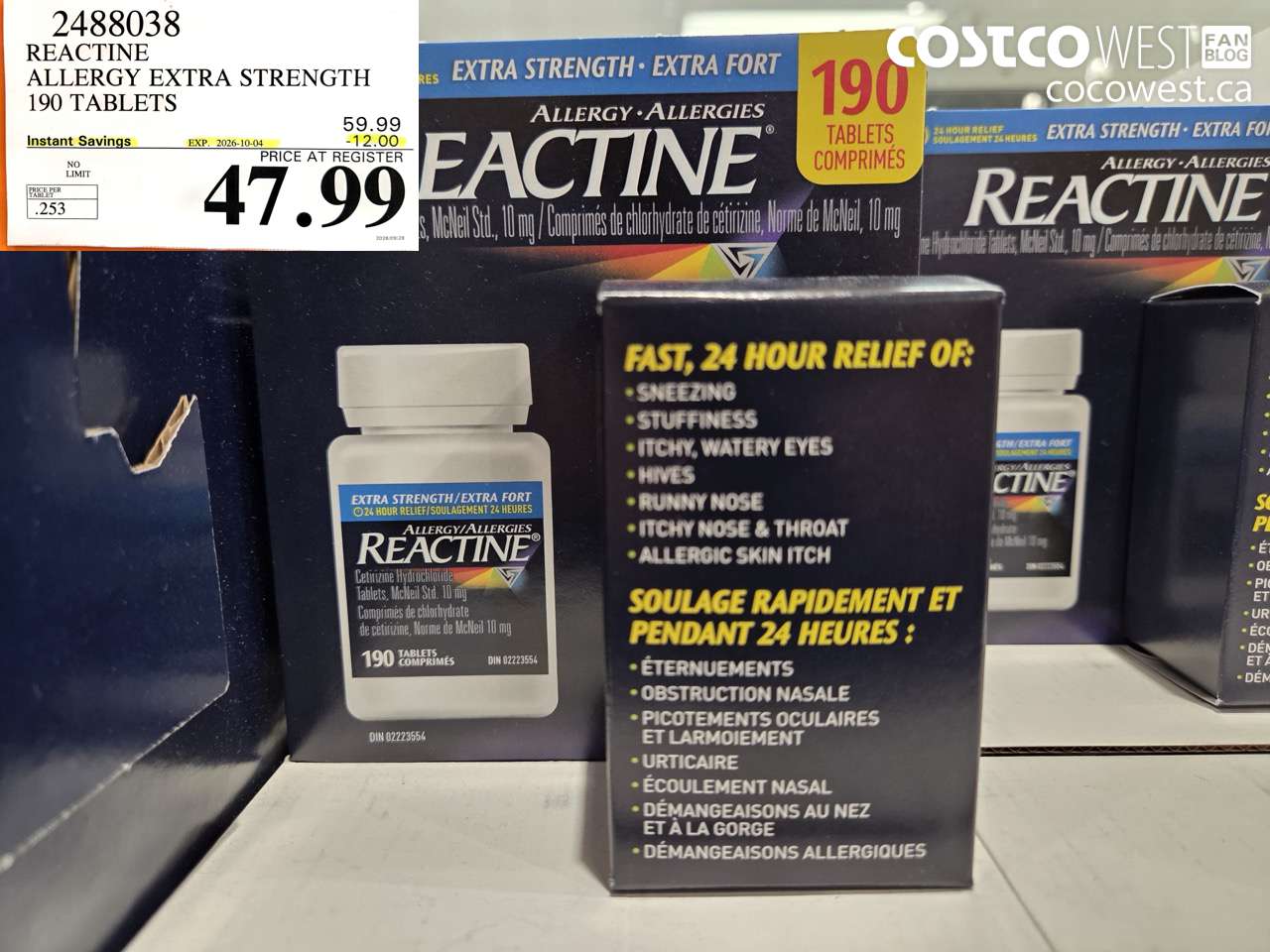 2488038 REACTINE ALLERGY EXTRA STRENGTH 190 TABLETS ($12.00 INSTANT SAVINGS EXPIRES ON 2026-10-04) $47.99