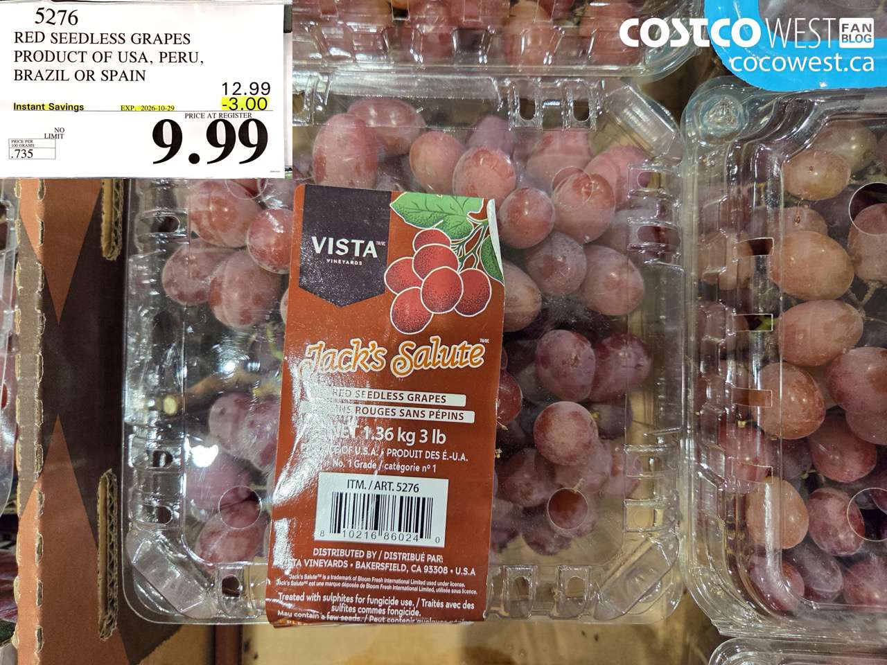 5276 RED SEEDLESS GRAPES PRODUCT OF USA, PERU, BRAZIL OR SPAIN ($3.00 INSTANT SAVINGS EXPIRES ON 2026-10-29) $9.99