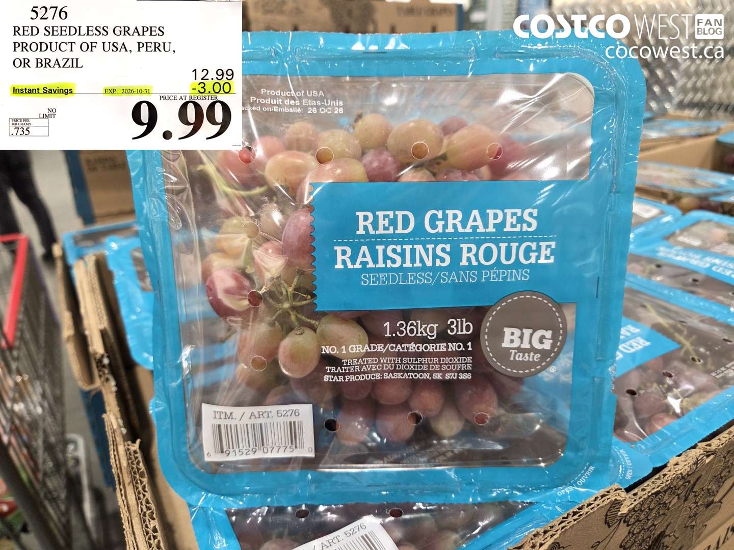 5276 RED SEEDLESS GRAPES PRODUCT OF USA, PERU, OR BRAZIL ($3.00 INSTANT SAVINGS EXPIRES ON 2026-10-31) $9.99