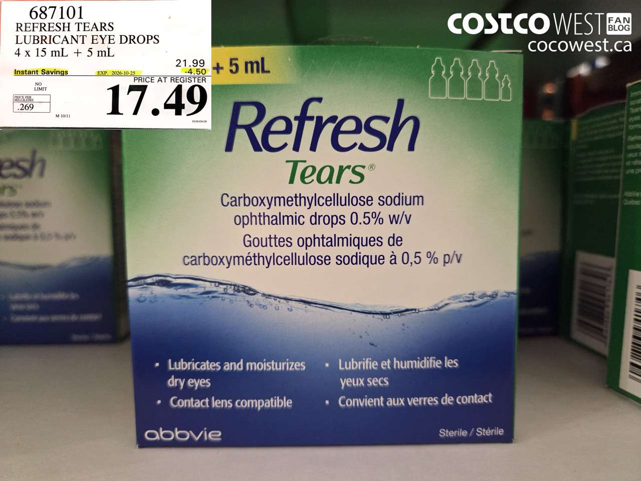 687101 REFRESH TEARS LUBRICANT EYE DROPS 4 X 15 ML + 5 ML ($4.50 INSTANT SAVINGS EXPIRES ON 2026-10-25) $17.49