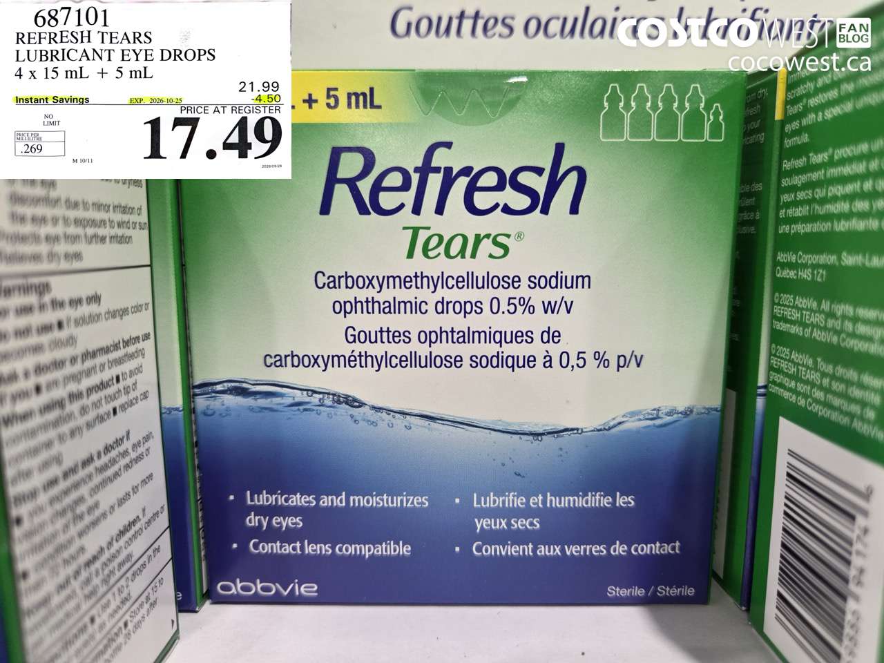 687101 REFRESH TEARS LUBRICANT EYE DROPS 4 X 15 ML + 5 ML ($4.50 INSTANT SAVINGS EXPIRES ON 2026-10-25) $17.49
