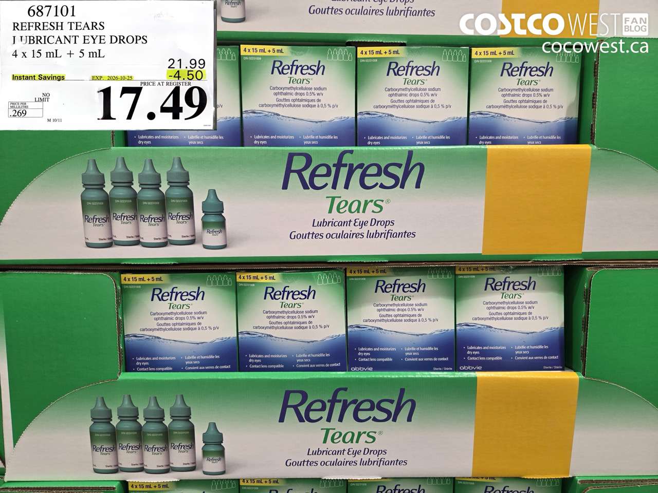 687101 REFRESH TEARS LUBRICANT EYE DROPS 4 X 15 ML + 5 ML ($4.50 INSTANT SAVINGS EXPIRES ON 2026-10-25) $17.49