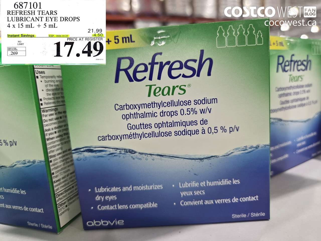 687101 REFRESH TEARS LUBRICANT EYE DROPS 4 X 15 ML + 5 ML ($4.50 INSTANT SAVINGS EXPIRES ON 2026-10-25) $17.49